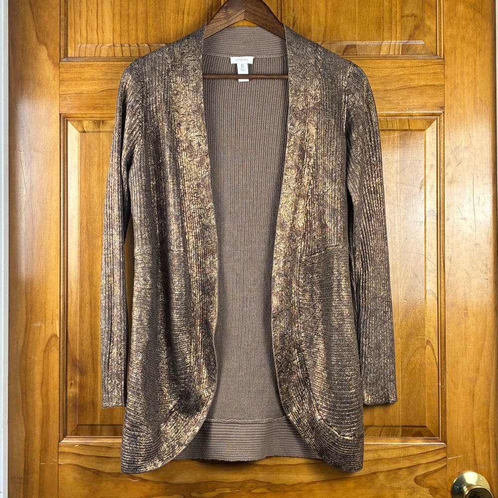 Chicos Metallic Gold Foil Ribbed Open Front Cardigan Sweater Size 0 Small